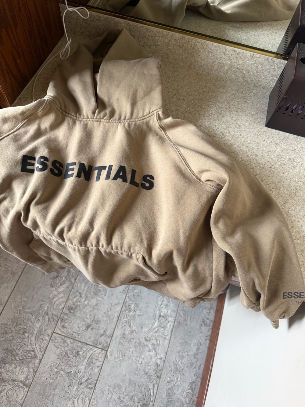 Essentials Beige Hoodie with Black Logo Print